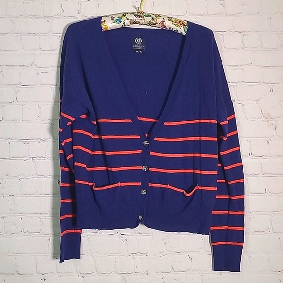 American Eagle Outfitters Navy Blue Orange Stripe Wool Rabbit Hair Blend Sweater - Picture 3 of 15
